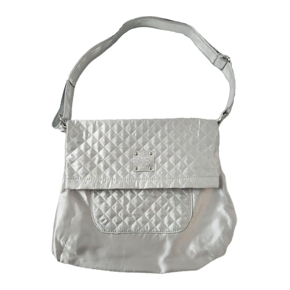 Y2K Vintage Silver Purse Shiny Quilted Handbag Tote Cosmetic Bag HSN Crossbody